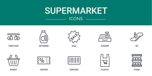 10个大纲网络超市图标，如方向，洗涤剂，销售，收银员，或，篮子，优惠券矢量图标的报告，演示，图表，网页设计，移动应用程序图片下载