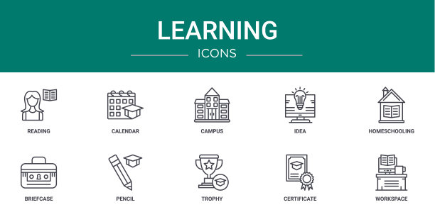 10个Web学习轮廓图标，如阅读、日历、校园、想法、家庭教育、公文包、铅笔矢量图标，用于报告、演示、图表、Web设计、移动应用图片下载