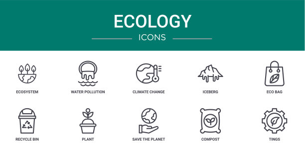 10个大纲网络生态图标，如生态系统，水污染，气候变化，冰山，生态袋，回收站，植物矢量图标的报告，演示，图表，网页设计，移动应用程序图片下载