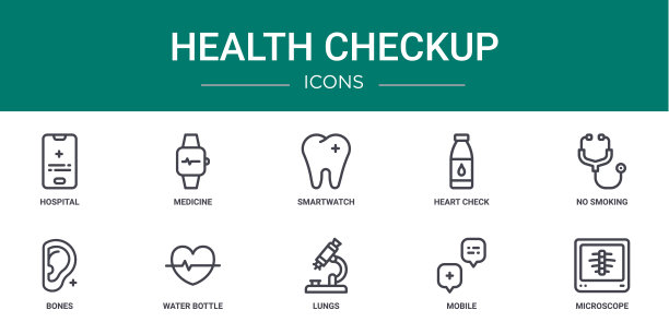 10个大纲网络健康检查图标，如医院，药品，智能手表，心脏检查，禁烟，骨骼，水瓶矢量图标的报告，演示，图表，网页设计，移动应用程序图片下载