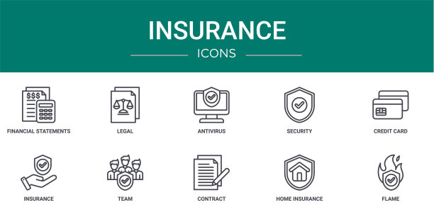 10个大纲网络保险图标，如财务报表，法律，防病毒，安全，信用卡，保险，团队矢量图标的报告，演示，图表，网页设计，移动应用程序图片下载