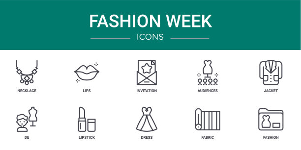 10个轮廓网络时装周图标，如项链，嘴唇，邀请，观众，夹克，de，口红矢量图标报告，演示，图表，网页设计，移动应用程序图片下载