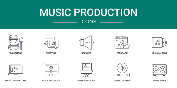 10个大纲网络音乐制作图标，如木琴，聊天，扬声器，反馈，音乐专辑，音乐制作，录音机矢量图标的报告，演示，图表，网页设计，图片下载