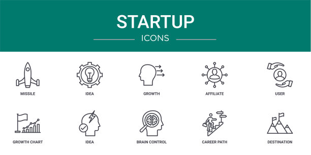 10个大纲网页启动图标，如导弹，想法，增长，附属，用户，增长图表，想法矢量图标的报告，演示，图表，网页设计，移动应用程序图片下载