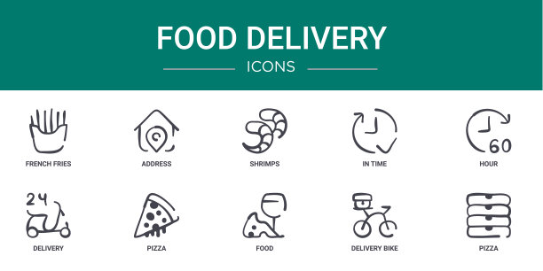10个大纲网络食品送货图标，如炸薯条，地址，虾，在时间，小时，送货，比萨矢量图标的报告，演示，图表，网页设计，移动应用程序图片下载