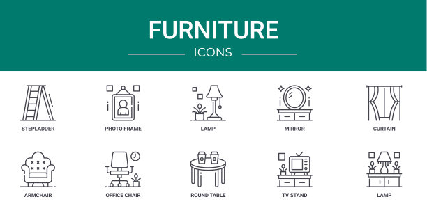 10个大纲网络家具图标，如梯子，相框，灯，镜子，窗帘，扶手椅，办公椅矢量图标的报告，演示，图表，网页设计，移动应用程序图片下载