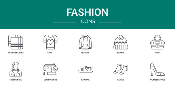 10个大纲网络时尚图标，如手帕，衬衫，卫衣，豆帽，包，时尚德，缝纫海因矢量图标报告，演示，图表，网页设计，移动应用程序图片下载