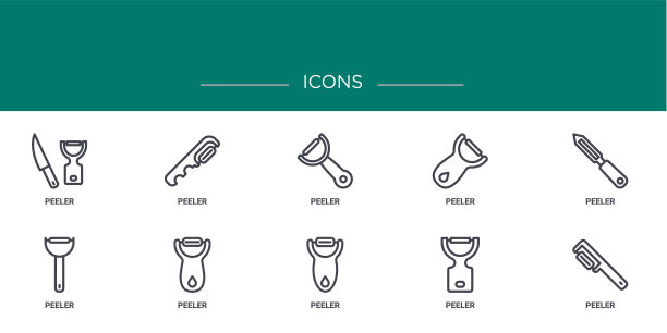 一套10轮廓网络图标，如削皮器，削皮器，削皮器，矢量图标的报告，演示文稿，图表，网页设计，移动应用程序图片下载