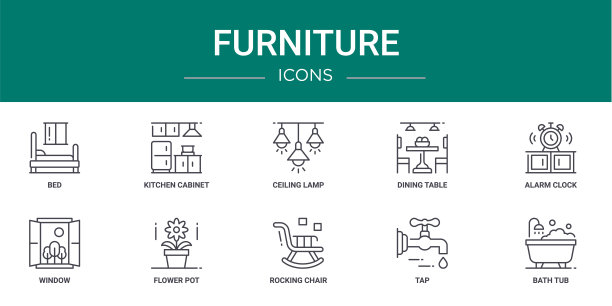 10个轮廓网络家具图标，如床，橱柜，吸顶灯，餐桌，闹钟，窗户，花盆矢量图标报告，演示，图表，网页设计，移动应用程序图片下载