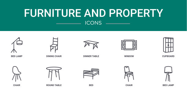 10个大纲网络家具和属性图标，如床头灯，餐椅，餐桌，窗户，橱柜，椅子，圆桌矢量图标报告，演示，图表，网页设计，图片下载
