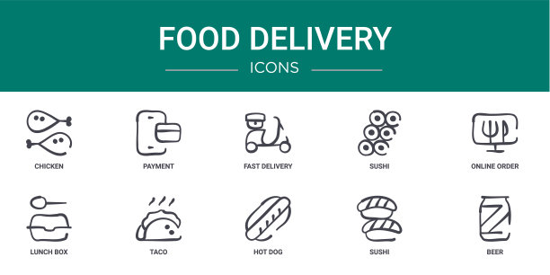 10个大纲网络食品交付图标，如鸡肉，支付，快速交付，寿司，在线订购，饭盒，墨西哥玉米卷矢量图标的报告，演示，图表，网页设计，移动应用程序图片下载