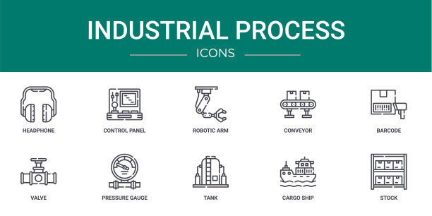 10个概要网页工业过程图标，如耳机，控制面板，机械臂，输送机，条形码，阀门，压力表矢量图标的报告，演示，图表，网页设计，图片下载