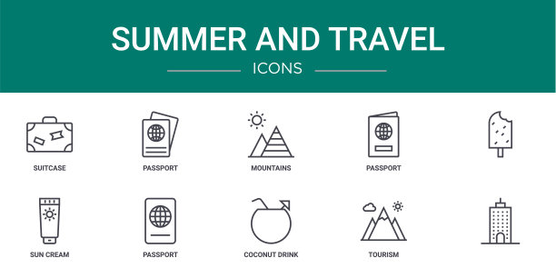10个大纲网页夏季和旅行图标，如手提箱，护照，山脉，护照，，防晒霜，护照矢量图标的报告，演示，图表，网页设计，移动应用程序图片下载