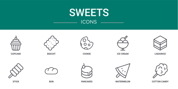 10个大纲网页糖果图标，如纸杯蛋糕，饼干，饼干，冰淇淋，甘草，棒，面包矢量图标的报告，演示，图表，网页设计，移动应用程序图片下载