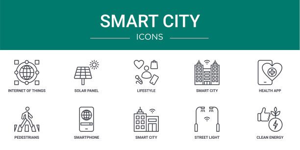10个概要web智能城市图标，如物联网，太阳能电池板，生活方式，智能城市，健康应用程序，行人，智能手机矢量图标的报告，演示，图表，网页设计，图片下载