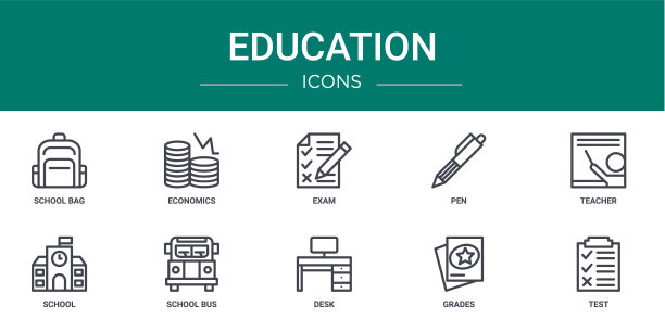 10个大纲网络教育图标，如书包，经济，考试，笔，老师，学校，校车矢量图标的报告，演示，图表，网页设计，移动应用程序图片下载