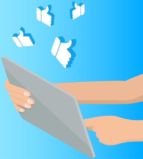 人手拿着平板电脑，手指指向屏幕，蓝色背景上的图标ok图片下载