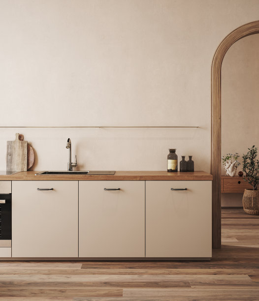 现代农家乐风格的厨房内部，空白墙壁模型图片下载