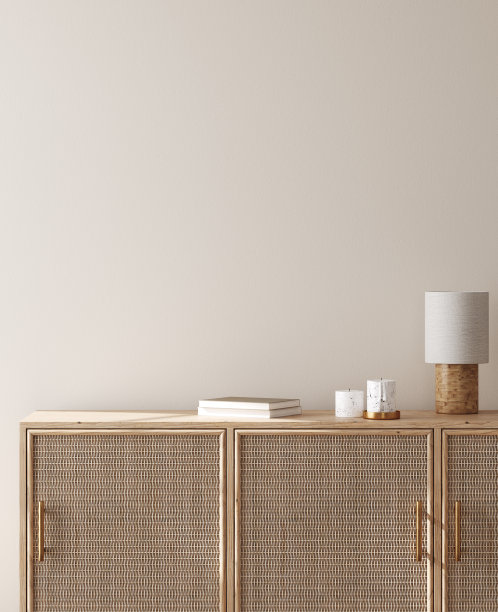 墙壁模仿米黄色简单的室内，木制家具，斯堪迪-波西米亚风格图片下载