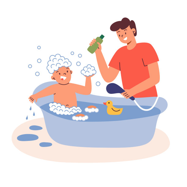 爸爸给孩子洗澡，孩子在浴室玩耍，玩泡沫，爸爸给孩子洗澡，育儿手绘作文图片下载