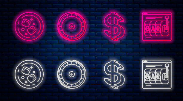 集线赌场轮盘赌轮，美元符号，一杯威士忌和冰块和在线老虎机。砖墙上发光的霓虹灯图标。向量图片下载