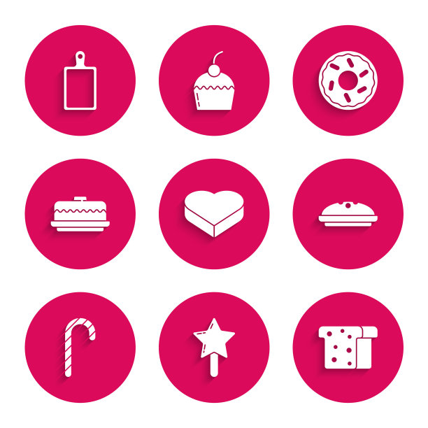 设置糖果在心形盒，棒棒糖，面包吐司，自制派，圣诞拐杖糖，蛋糕，甜甜圈和砧板图标。向量图片下载