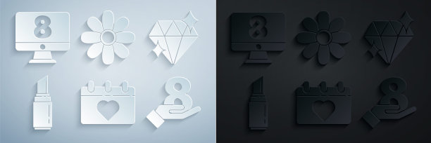 设置日历3月8日，钻石，口红，手，花和监视器图标。向量图片下载