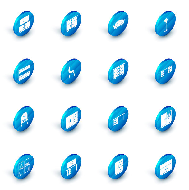 设置家具床头柜，沙发，落地灯，双层床，梳妆台，扶手椅，办公桌和图标。向量图片下载