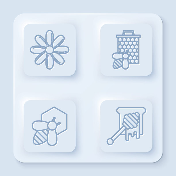 设置线花，蜜蜂和蜂房，蜜蜂和蜂房和蜂蜜勺粘滴蜂蜜。白色方形按钮。向量图片下载