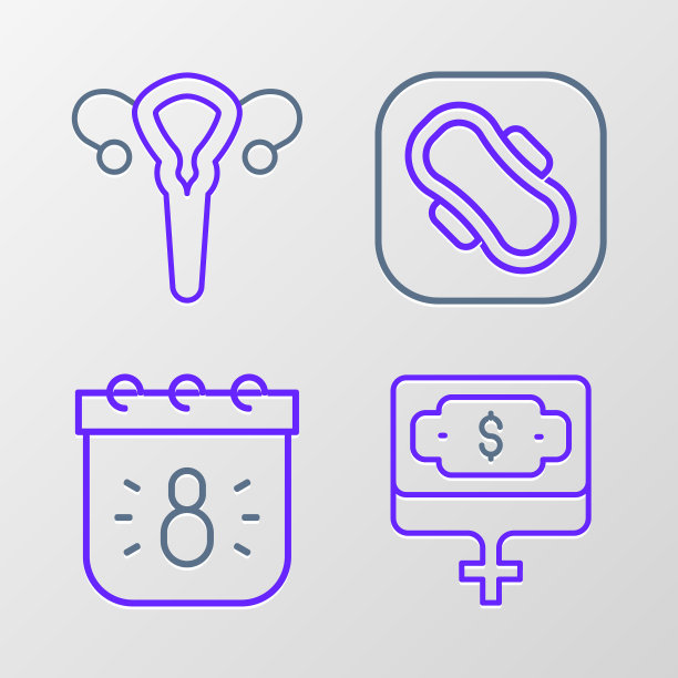 集线金钱成长女性，日历与3月8日，卫生巾和女性生殖系统图标。向量图片下载