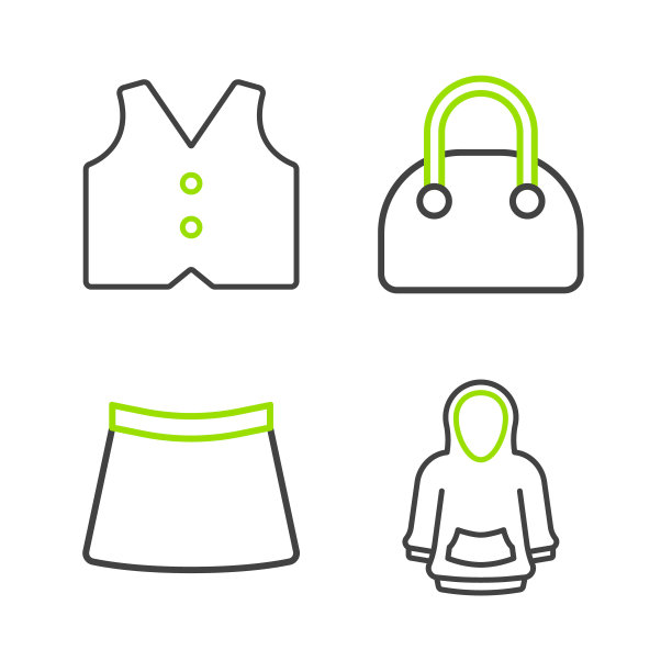 集线卫衣，裙子，手提包和马甲图标。向量图片下载