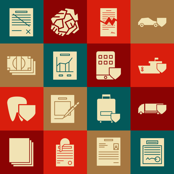 设置填写表格、带盾货车、船舶、撕毁合同、文件图表、叠纸现金、删除文件文件和智能手机保险图标。向量图片下载