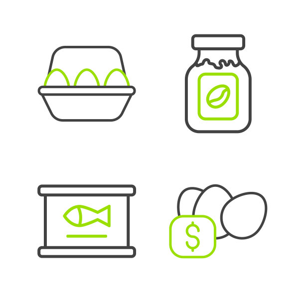 设定线价格标签鸡蛋，罐头鱼，咖啡罐瓶和鸡在盒子图标。向量图片下载