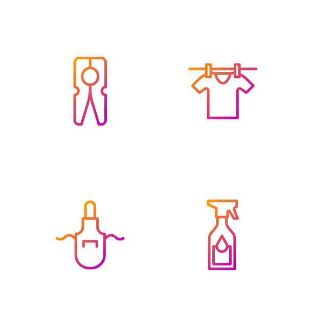 成套清洁喷瓶，厨房围裙，晾衣针，晾衣针。渐变颜色图标。向量图片下载