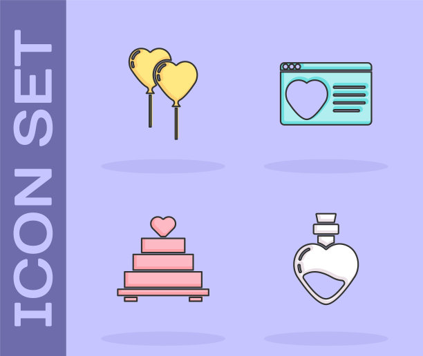 集瓶与爱情药水，气球在心脏的形式，婚礼蛋糕和约会应用程序在线图标。向量图片下载