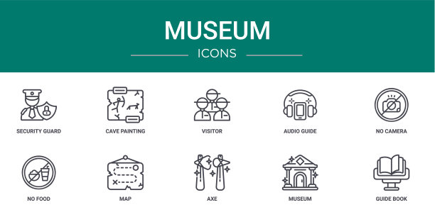 10个大纲网络博物馆的图标，如保安，洞穴绘画，游客，音频导游，没有相机，没有食物，地图矢量图标的报告，演示，图表，网页设计，移动应用程序图片下载