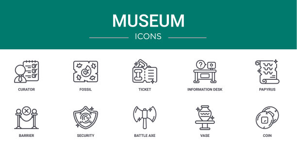 10个大纲网络博物馆的图标，如馆长，化石，门票，咨询台，莎草纸，障碍，安全矢量图标的报告，演示，图表，网页设计，移动应用程序图片下载