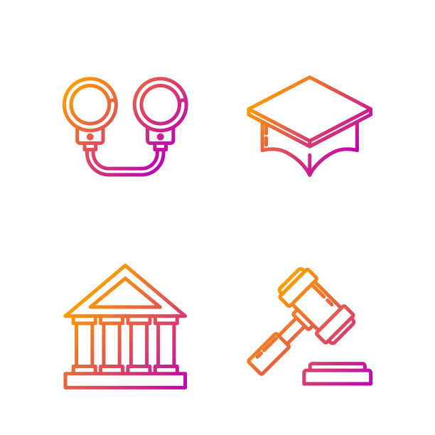 设置线法官木槌，法院大楼，手铐和毕业帽。渐变颜色图标。向量图片下载
