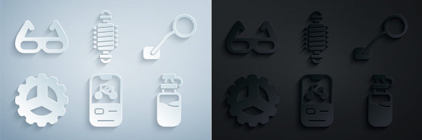 设置自行车租赁手机应用程序，后视镜，链轮曲柄，带水的运动瓶，悬挂和骑行太阳镜图标。向量图片下载