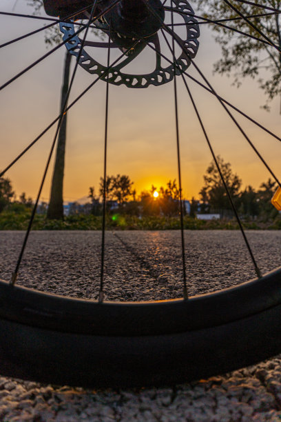 夕阳映衬在自行车轮辐之间图片下载