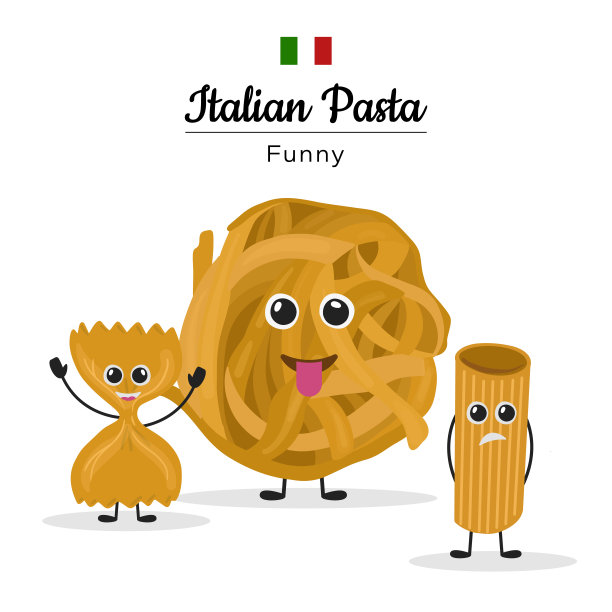 可爱的意大利面，有趣的菜单，横幅。涂鸦意大利面。可爱的意大利小麦食物。有手、腿和可爱脸的卡通通心粉吉祥物。传统的意大利细面条。菜单装饰元素。矢量套餐图片下载