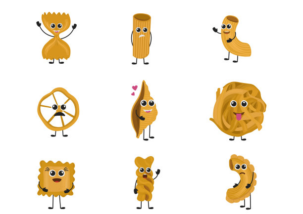 可爱的意大利面，有趣的菜单，横幅。涂鸦意大利面。可爱的意大利小麦食物。有手、腿和可爱脸的卡通通心粉吉祥物。传统的意大利细面条。菜单装饰元素。矢量套餐图片下载