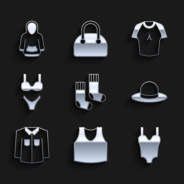 集袜子，汗衫，泳装，男子帽子，衬衫，t恤和卫衣图标。向量图片下载