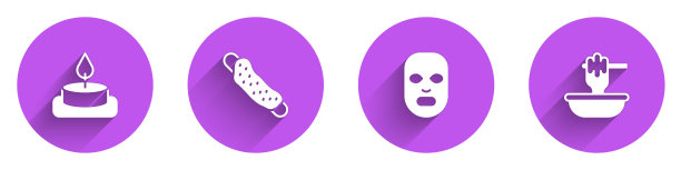 设置香薰蜡烛，毛巾，面部美容面膜和蜂蜜勺棒与碗图标长阴影。向量图片下载