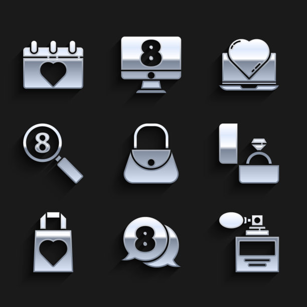 集手提包，3月8日在语音泡泡，香水，钻石订婚戒指，购物与心，搜索，在线约会应用程序聊天和日历图标。向量图片下载