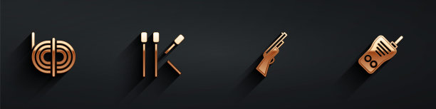 设置攀登者绳索，火柴，猎枪和对讲机图标与长阴影。向量图片下载