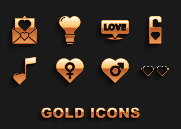 以女性性别设心，请不要打扰心，造型爱情眼镜，音乐音符，音调心形，语音气泡文字，信封情人节和灯泡图标。向量图片下载