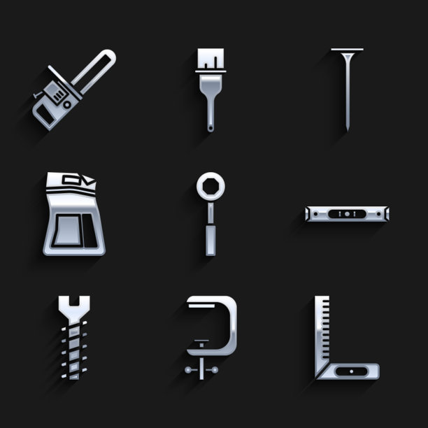 设置扳手扳手，夹钳和螺丝工具，角尺，施工气泡水平尺，金属，水泥袋，钉子和电锯图标。向量图片下载