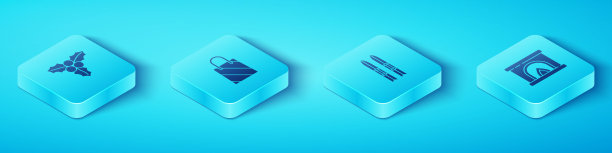 设置等距分支灯箱，圣诞购物袋，室内壁炉和滑雪和棍棒图标。向量图片下载