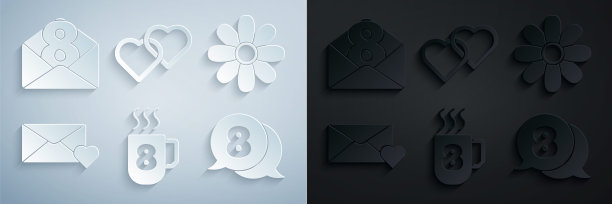 咖啡杯与3月8日，花，信封，在语音气泡，两颗相连的心和图标。向量图片下载